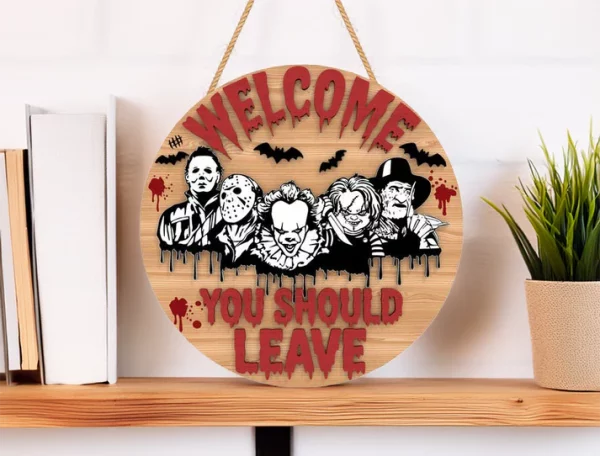 You Should Leave, Wooden Halloween Signs, Halloween Front Door Decor, Horror Fan Gifts, Michael Myers, Chucky - Image 9