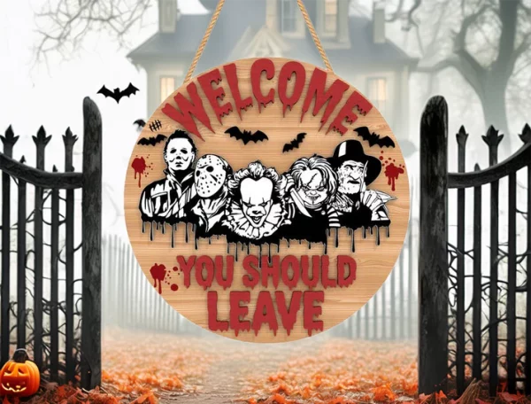 You Should Leave, Wooden Halloween Signs, Halloween Front Door Decor, Horror Fan Gifts, Michael Myers, Chucky - Image 8