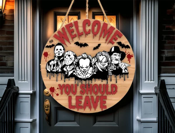 You Should Leave, Wooden Halloween Signs, Halloween Front Door Decor, Horror Fan Gifts, Michael Myers, Chucky - Image 5