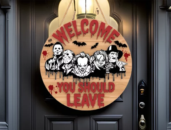 You Should Leave, Wooden Halloween Signs, Halloween Front Door Decor, Horror Fan Gifts, Michael Myers, Chucky - Image 4