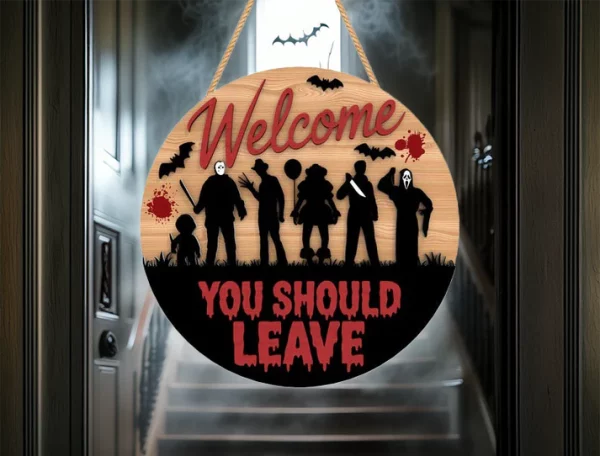 You Should Leave, Wooden Welcome Sign, Halloween Door Decoration Ideas, Horror Fan Gifts, Chucky, Freddy Krueger - Image 6