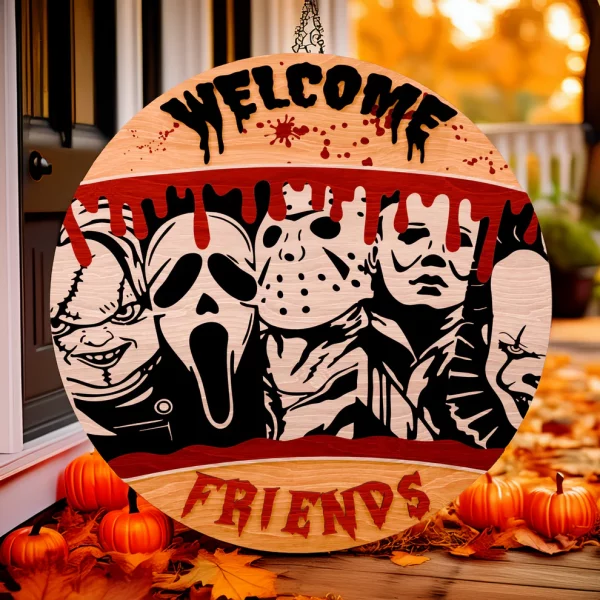 Friends Welcome Horror Wood Sign, Halloween Door Decor, Scary Movie, Michael Myers, Chucky - Image 5