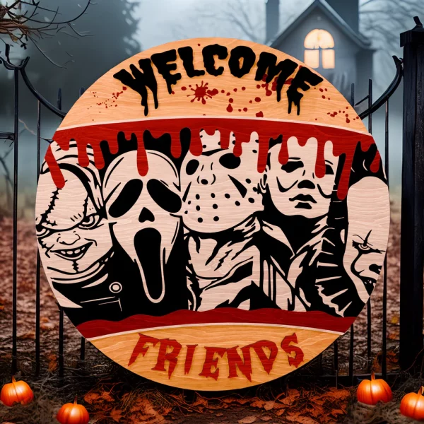 Friends Welcome Horror Wood Sign, Halloween Door Decor, Scary Movie, Michael Myers, Chucky