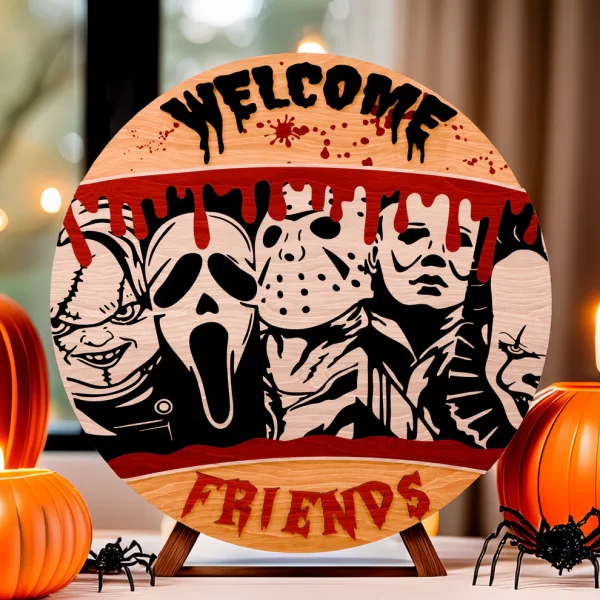 Friends Welcome Horror Wood Sign, Halloween Door Decor, Scary Movie, Michael Myers, Chucky - Image 9
