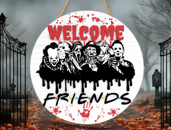 Spooky Friends Horror Welcome Door Sign, Halloween Door Hanger, Creepy Halloween Characters, Scary Halloween Decorations