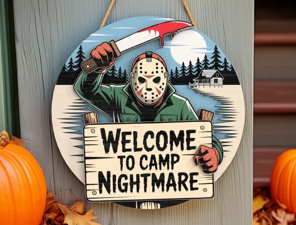 Welcome To Camp Nightmare, Horror Sign, Creepy Horror Characters, Wooden Welcome Sign, Halloween Decorations - Image 4