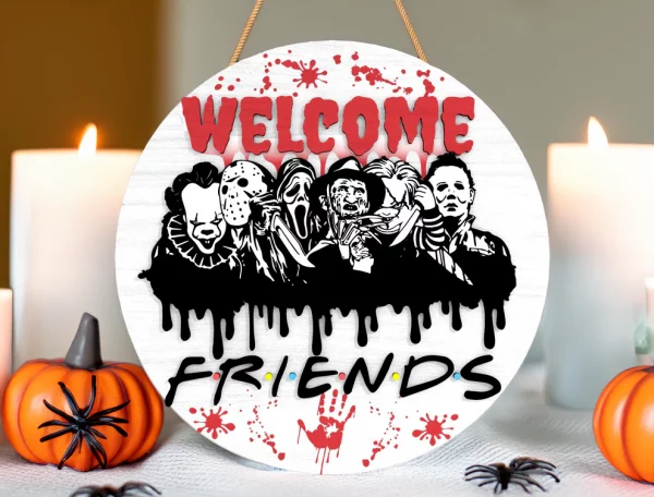 Spooky Friends Horror Welcome Door Sign, Halloween Door Hanger, Creepy Halloween Characters, Scary Halloween Decorations - Image 8