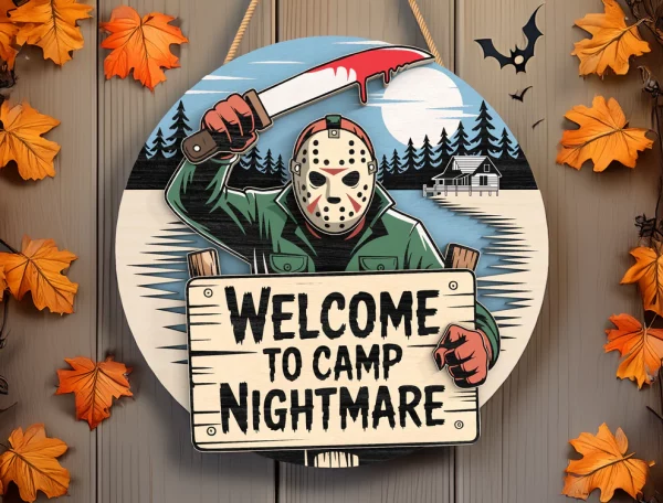 Welcome To Camp Nightmare, Horror Sign, Creepy Horror Characters, Wooden Welcome Sign, Halloween Decorations - Image 3