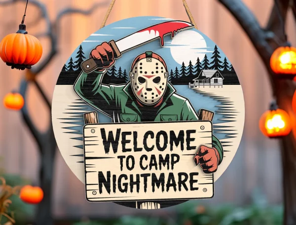 Welcome To Camp Nightmare, Horror Sign, Creepy Horror Characters, Wooden Welcome Sign, Halloween Decorations - Image 2