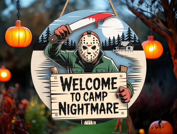 Welcome To Camp Nightmare, Horror Sign, Creepy Horror Characters, Wooden Welcome Sign, Halloween Decorations