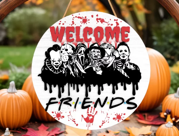 Spooky Friends Horror Welcome Door Sign, Halloween Door Hanger, Creepy Halloween Characters, Scary Halloween Decorations - Image 9