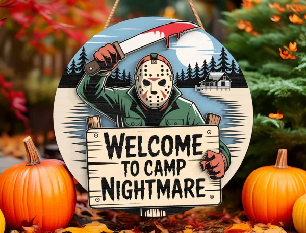 Welcome To Camp Nightmare, Horror Sign, Creepy Horror Characters, Wooden Welcome Sign, Halloween Decorations - Image 7