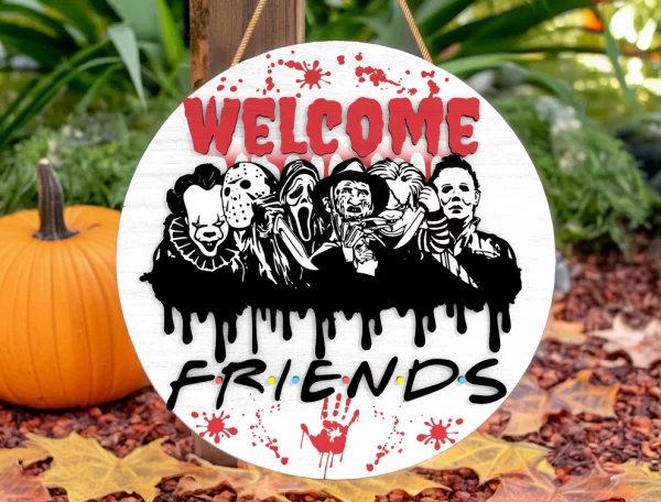 Spooky Friends Horror Welcome Door Sign, Halloween Door Hanger, Creepy Halloween Characters, Scary Halloween Decorations - Image 11