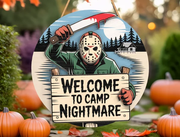 Welcome To Camp Nightmare, Horror Sign, Creepy Horror Characters, Wooden Welcome Sign, Halloween Decorations - Image 6