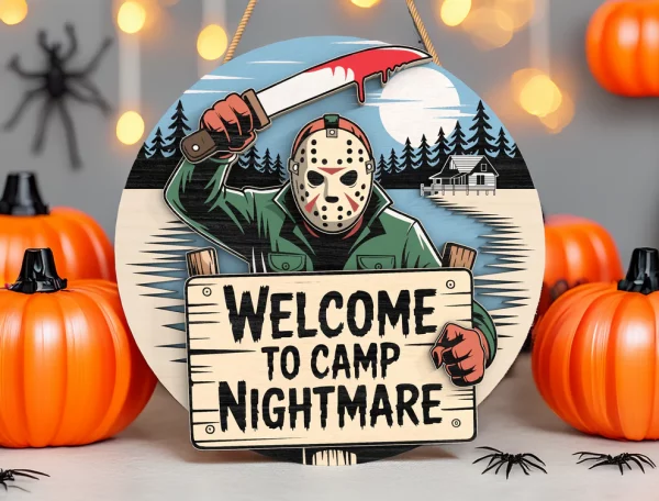 Welcome To Camp Nightmare, Horror Sign, Creepy Horror Characters, Wooden Welcome Sign, Halloween Decorations - Image 5