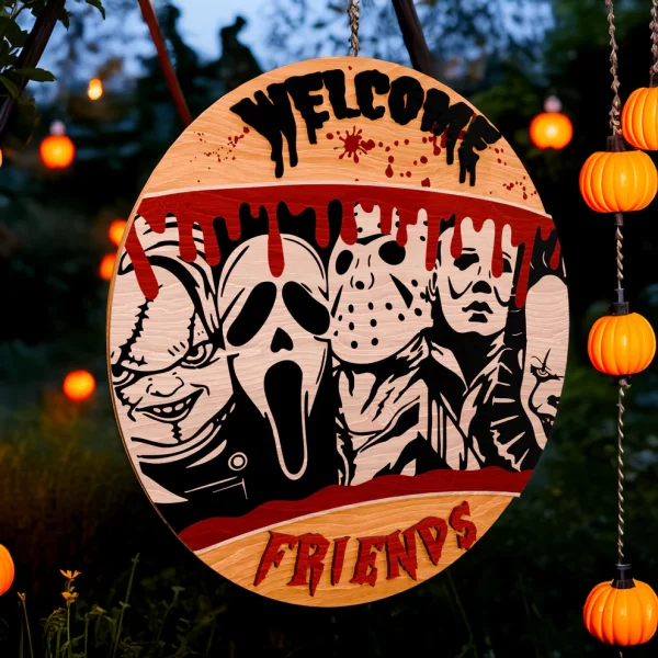 Friends Welcome Horror Wood Sign, Halloween Door Decor, Scary Movie, Michael Myers, Chucky - Image 3