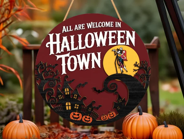Halloweentown Sign, Welcome Sign, Halloween Door Sign, Creepy Halloween Characters, Halloween Decorations - Image 3