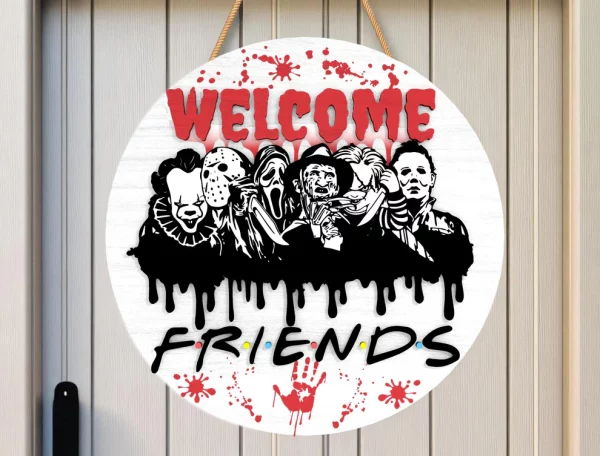 Spooky Friends Horror Welcome Door Sign, Halloween Door Hanger, Creepy Halloween Characters, Scary Halloween Decorations - Image 4