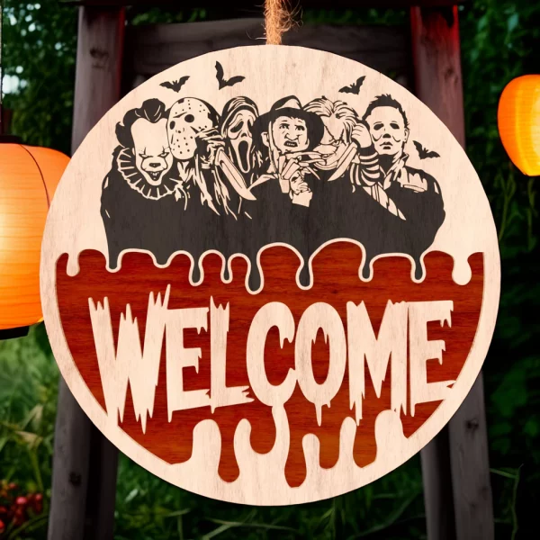 Welcome Sign, Halloween Door Hanger, Halloween Decoration, Horror Fan Gifts, Chucky, Freddy Krueger - Image 4