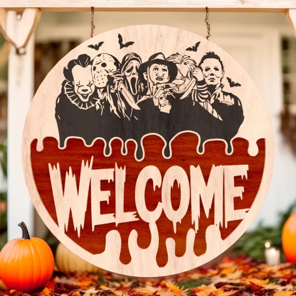 Welcome Sign, Halloween Door Hanger, Halloween Decoration, Horror Fan Gifts, Chucky, Freddy Krueger