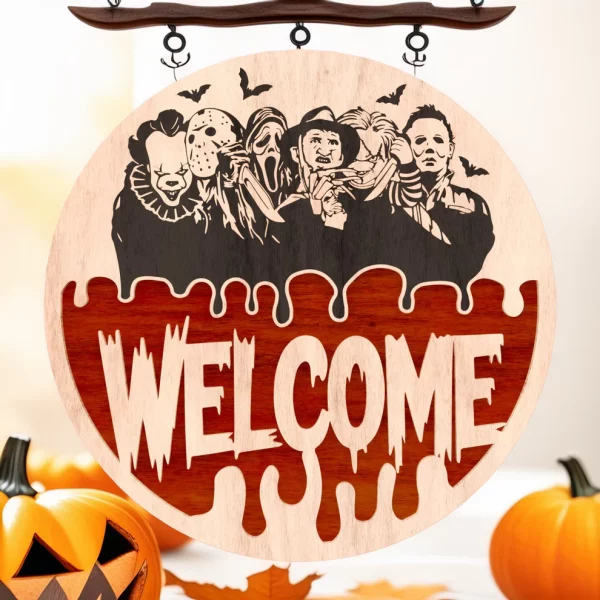 Welcome Sign, Halloween Door Hanger, Halloween Decoration, Horror Fan Gifts, Chucky, Freddy Krueger - Image 3