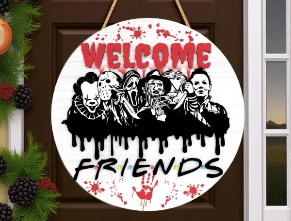 Spooky Friends Horror Welcome Door Sign, Halloween Door Hanger, Creepy Halloween Characters, Scary Halloween Decorations - Image 3