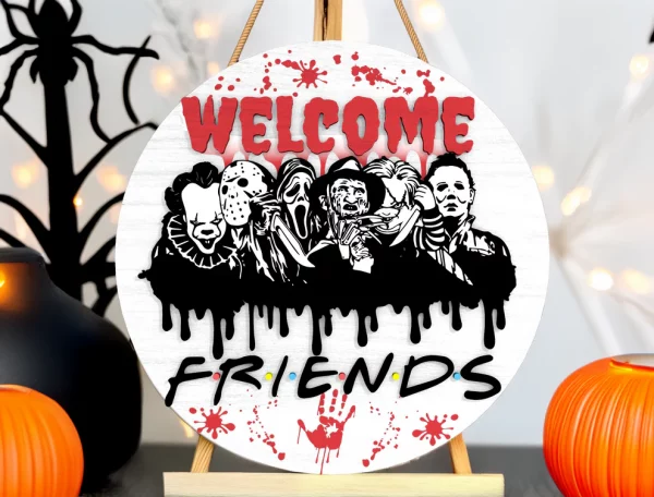 Spooky Friends Horror Welcome Door Sign, Halloween Door Hanger, Creepy Halloween Characters, Scary Halloween Decorations - Image 2
