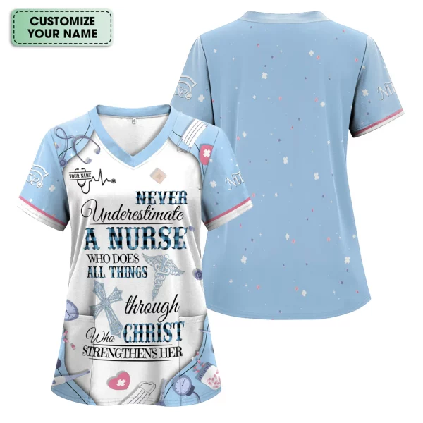 Personalized Nursing Bible Verse Scrub – Faith “All Things Through Christ” Top, Religious Gift for Healthcare Professional - Image 3