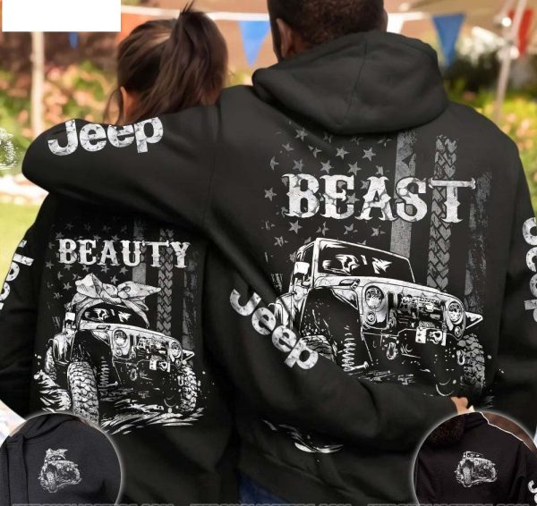 Matching Jeep Couple All Over Hoodie Beast Beauty American Flag