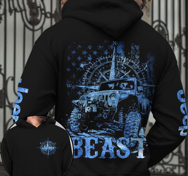 Jeep Couple All Over Hoodie Beast Beauty Compass - Image 3