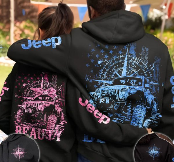 Jeep Couple All Over Hoodie Beast Beauty Compass