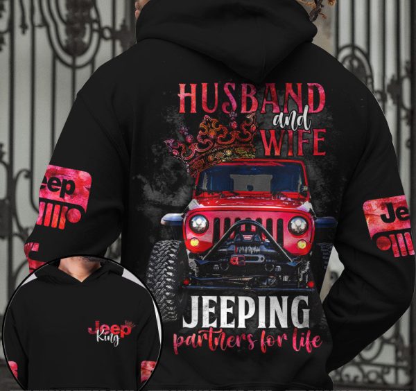 Jeep Couple All Over Hoodie Husband And Wife Partners For Life - Image 3