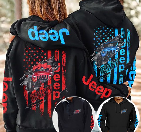 Jeep Couple All Over Hoodie Jeep Beauty Jeep Beast Red Blue