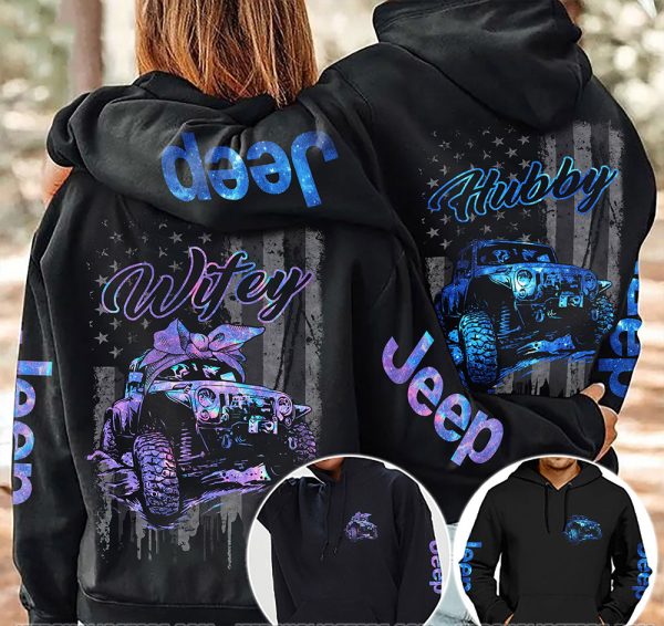 Jeep Couple All Over Hoodie Jeep Hubby Jeep Wifey American Flag