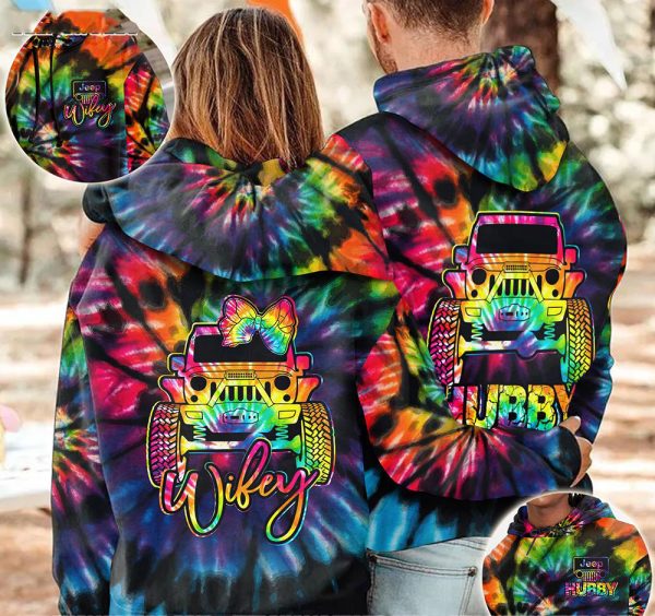 Jeep Couple 3D All Over Hoodie Jeep Hubby Jeep Wifey Tie Dye - Image 3