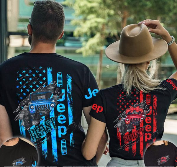 Jeep Couple All Over T-Shirts Jeep Beauty Jeep Beast Red Blue
