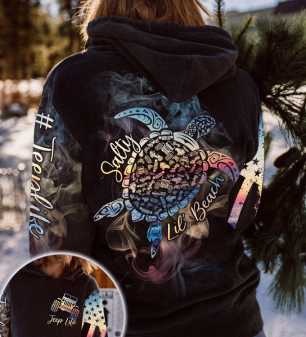 Jeep All Over Print Hoodie Jeep Life Salty Lil' Beach Turtle