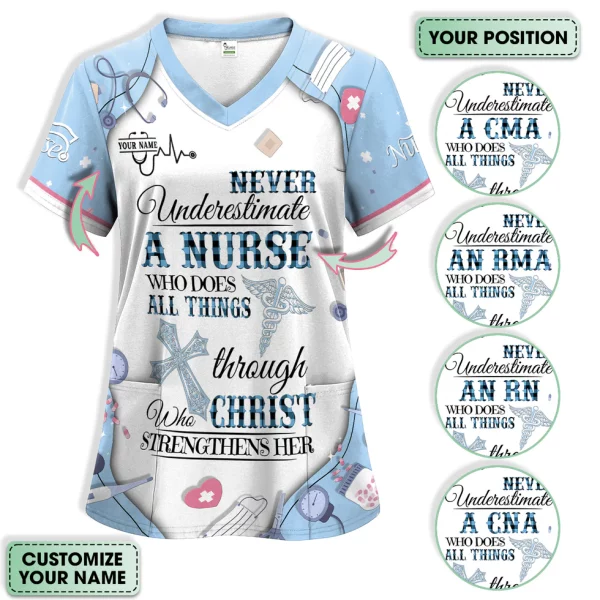 Personalized Nursing Bible Verse Scrub – Faith “All Things Through Christ” Top, Religious Gift for Healthcare Professional