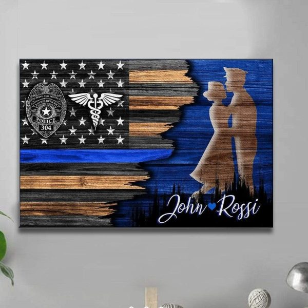 Personalized Couple Canvas For Police & Nurse Thin Blue Line