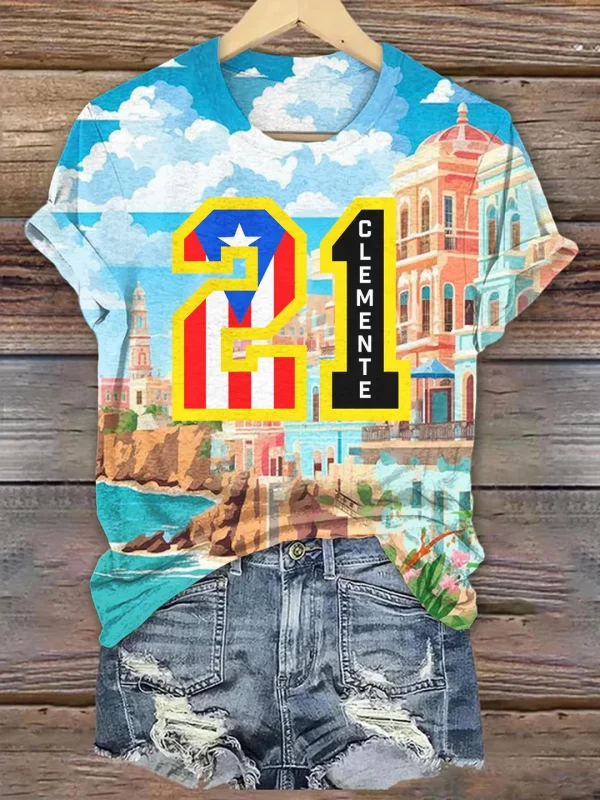 Roberto Clemente Puerto Rican Print Crew Neck T-shirt