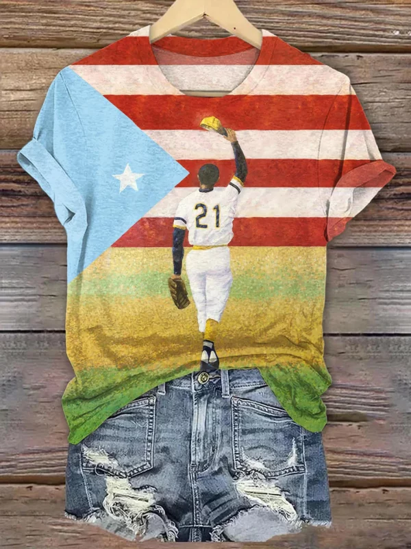 Roberto Clemente Puerto Rican Print Crew Neck T-shirt
