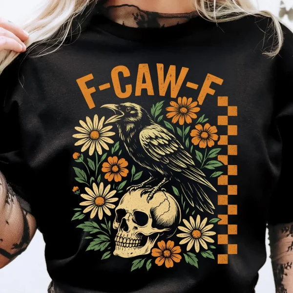 Funny T-shirt F-Caw-F 100% Premium cotton Raven and Skull - Image 2