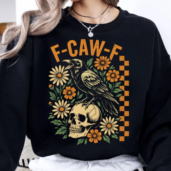Funny T-shirt F-Caw-F 100% Premium cotton Raven and Skull - Image 3
