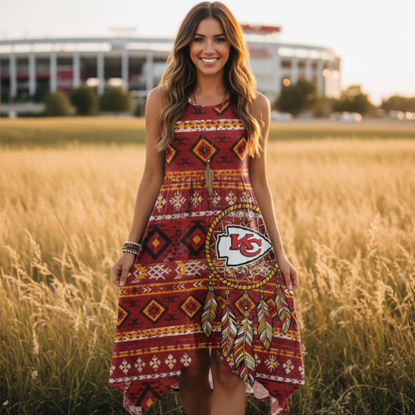 Boho–Tribal Dreamcatcher Maxi Dress Inspired by Kansas City Chiefs – Elegant Fanwear for Women– Customizable for Any NFL Team
