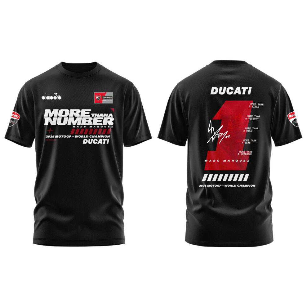 “MORE THAN A NUMBER” Marc Marquez World Champion 2025 Black Tshirt Signature - Image 2