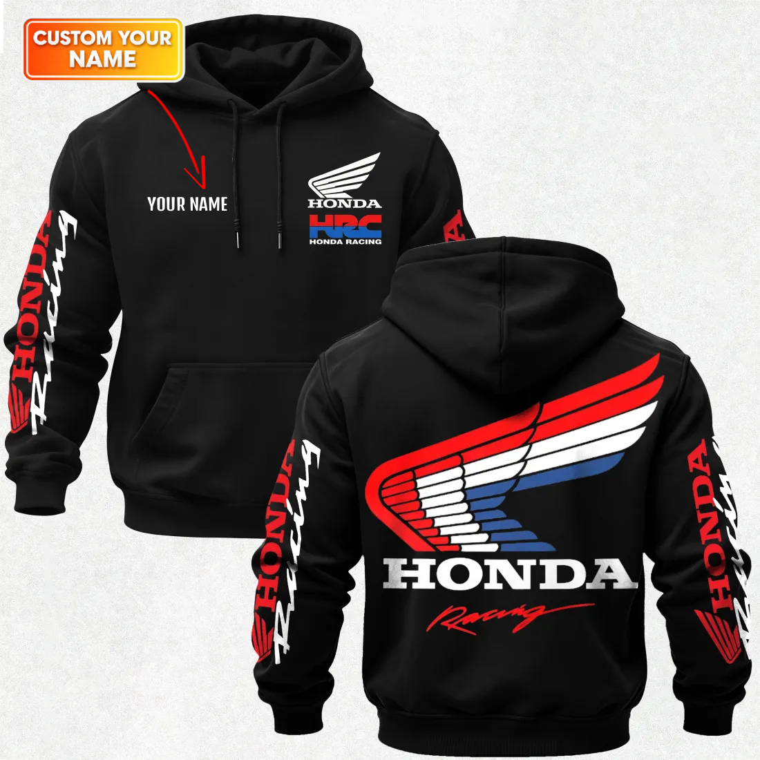 Honda Racing Printed Fleece-lined Unisex Hoodie Custom Your Name