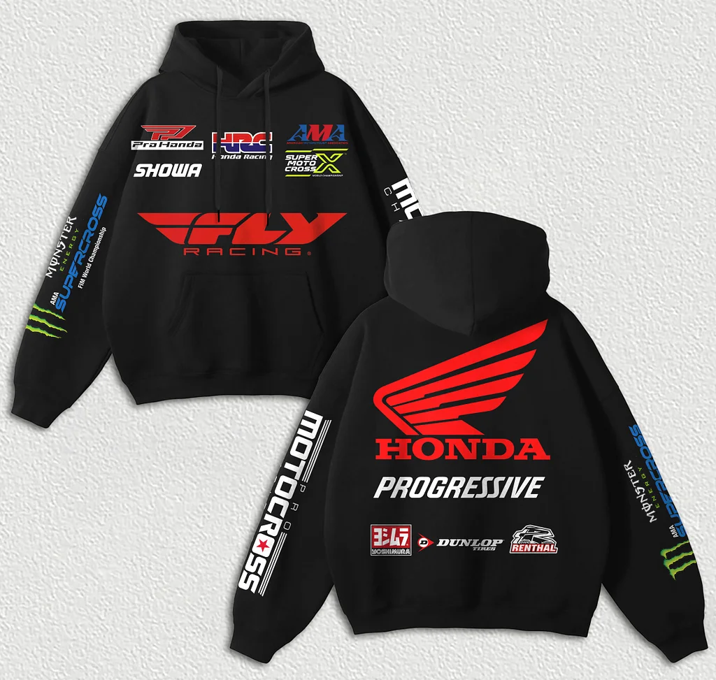 Racing Fashion Honda Progressive Motocross Fly Racing Printed Fleece-lined Unisex Hoodie
