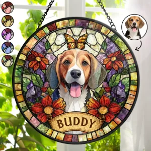 Personalized Pet Memorial Stained Glass Suncatcher from Photo – Custom Dog Cat Stained Glass Window Hanging Gift