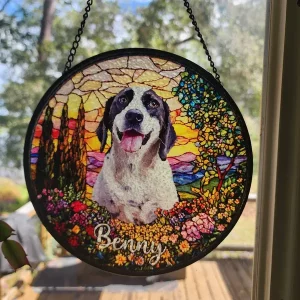 Personalized Pet Memorial Stained Glass Suncatcher from Photo – Custom Dog Cat Stained Glass Window Hanging Gift
