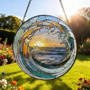 Ocean Wave Stained Glass Suncatcher，Beach Coastal Glass Suncatcher Handmade，Beach House Window Hanging Ocean Suncatcher Gift